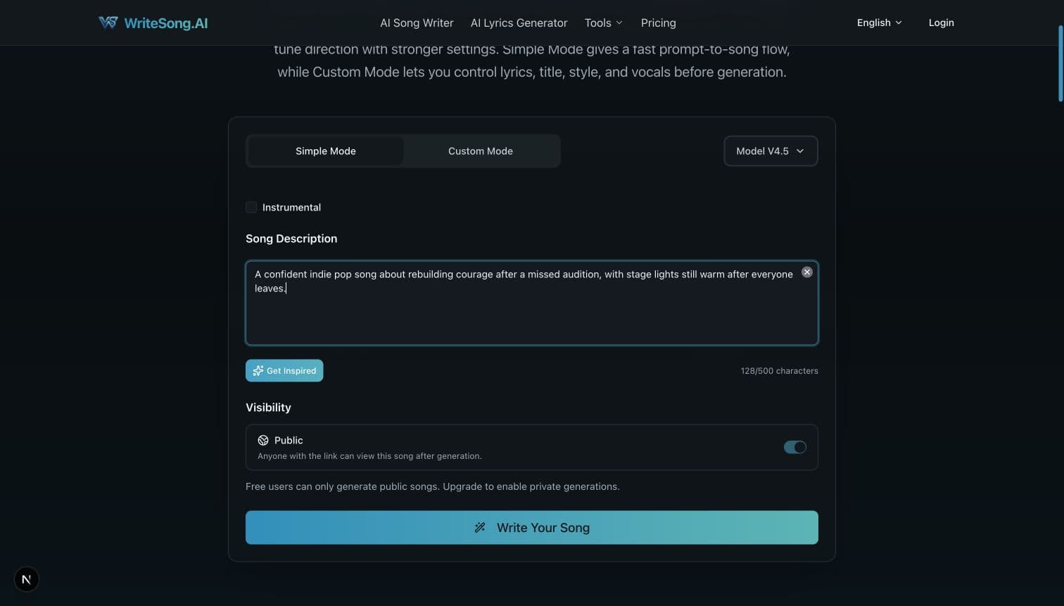English AI Song Generator Simple Mode screen with public visibility and the comparison test brief