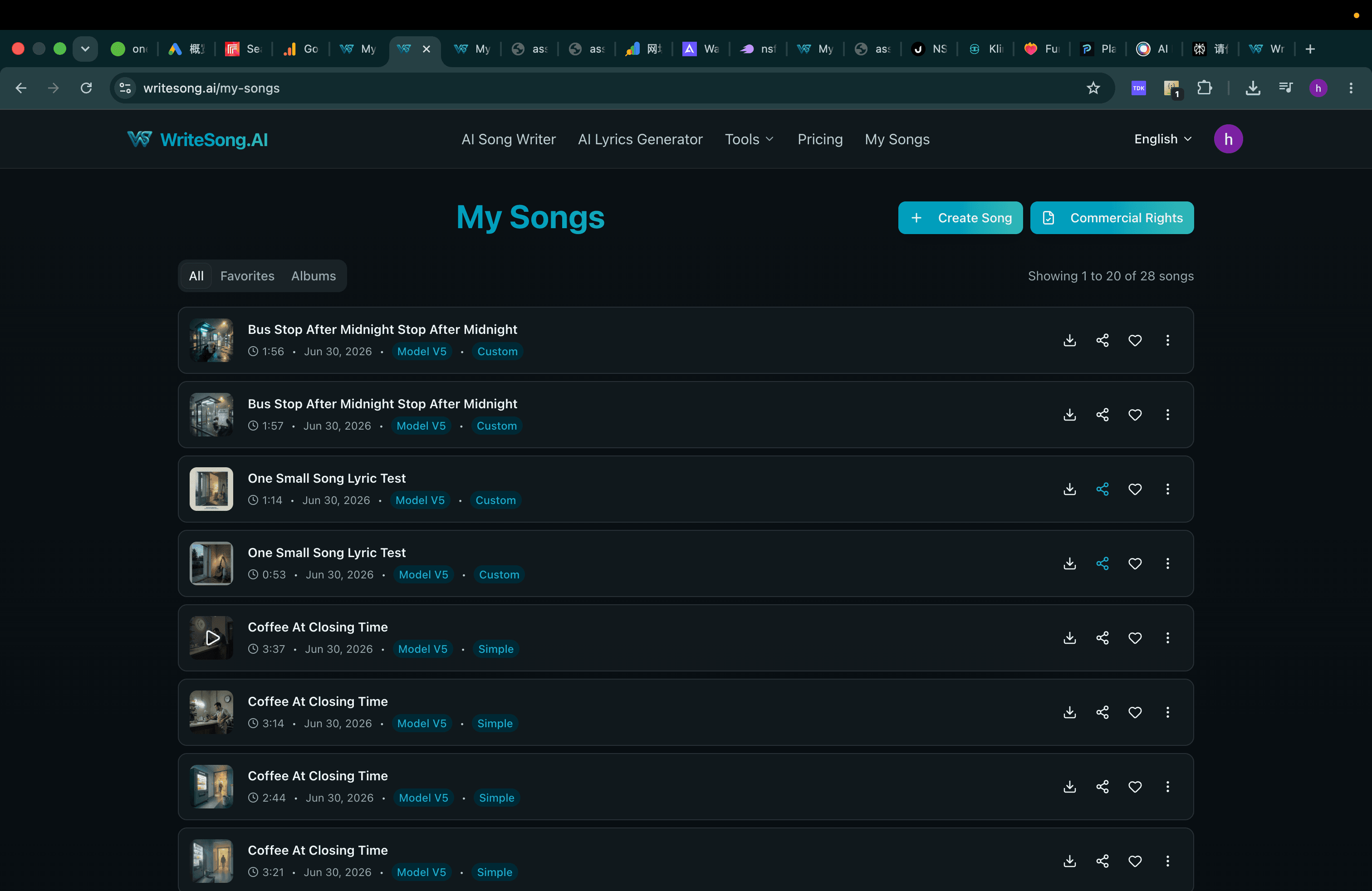 WriteSong.AI My Songs page showing two Bus Stop After Midnight generated candidates