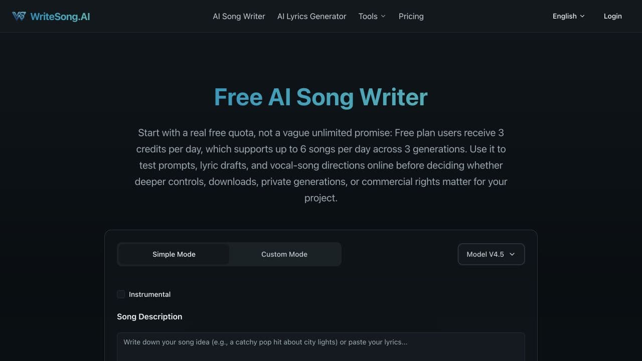 Free AI Song Writer page showing the free quota copy and song description form