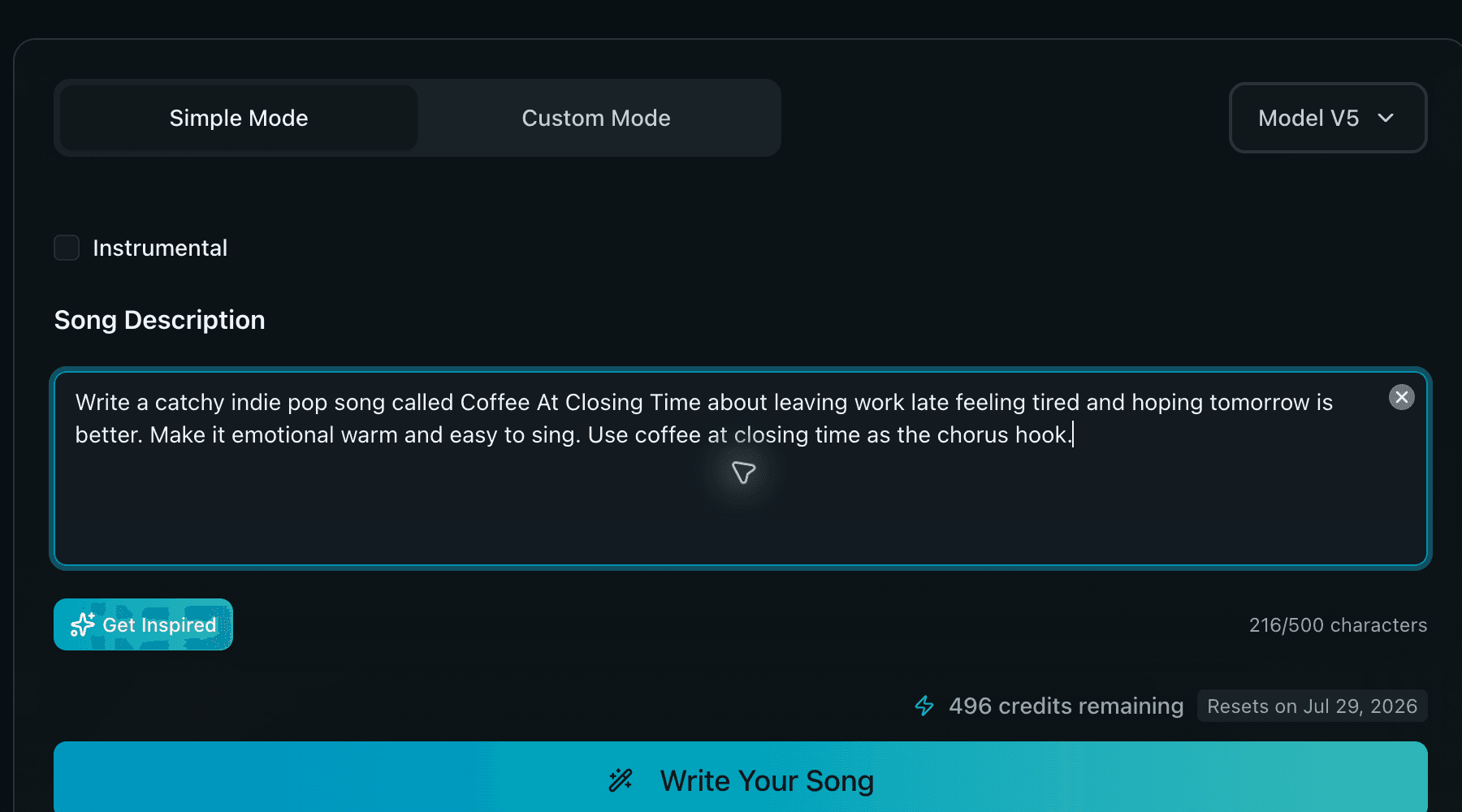 WriteSong.AI broad prompt for Coffee At Closing Time