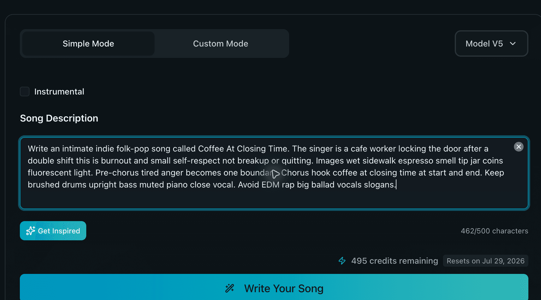 WriteSong.AI revised prompt for Coffee At Closing Time