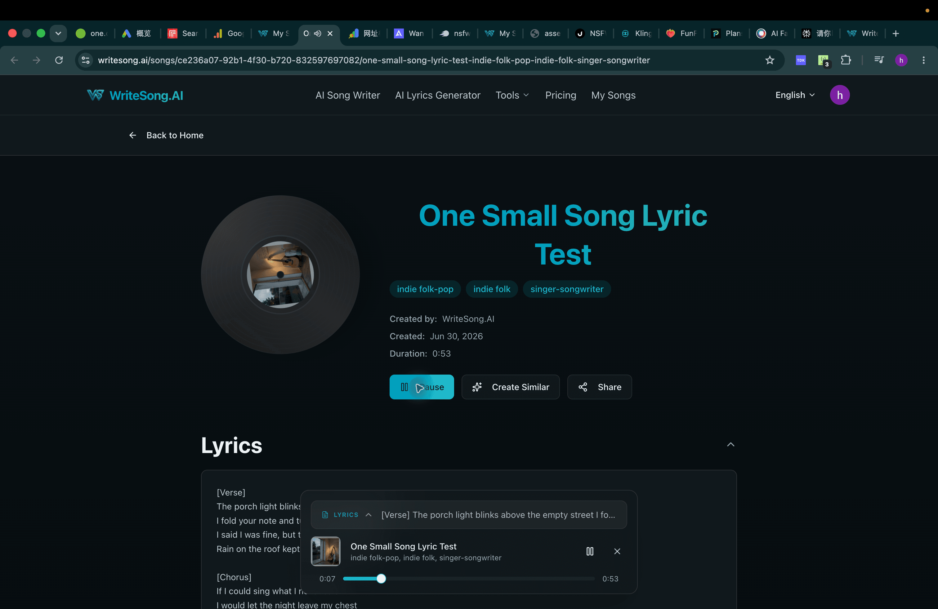 Public WriteSong.AI song page for the 1:14 Custom Mode result showing the playable demo