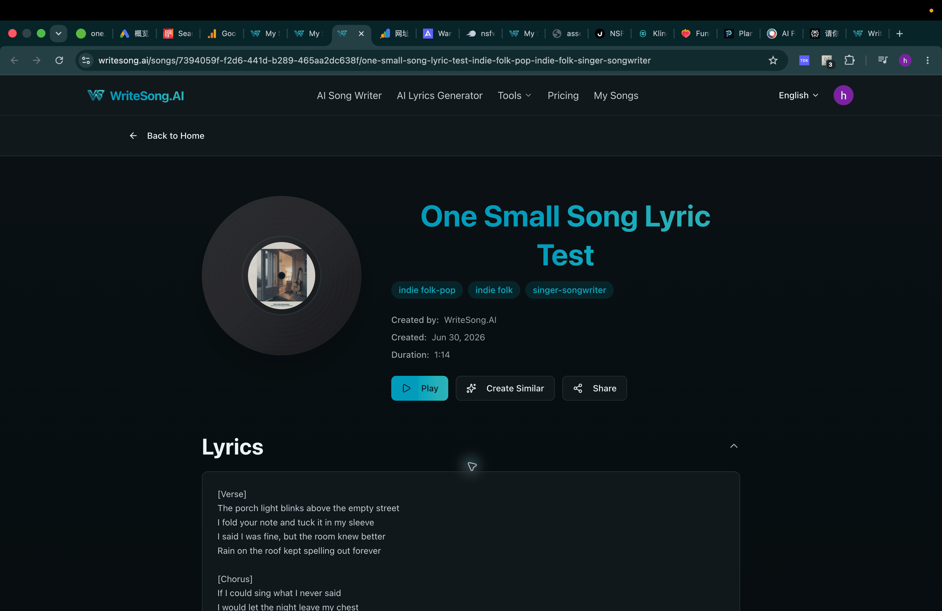 Public WriteSong.AI song page for the 0:53 Custom Mode result showing the playable demo