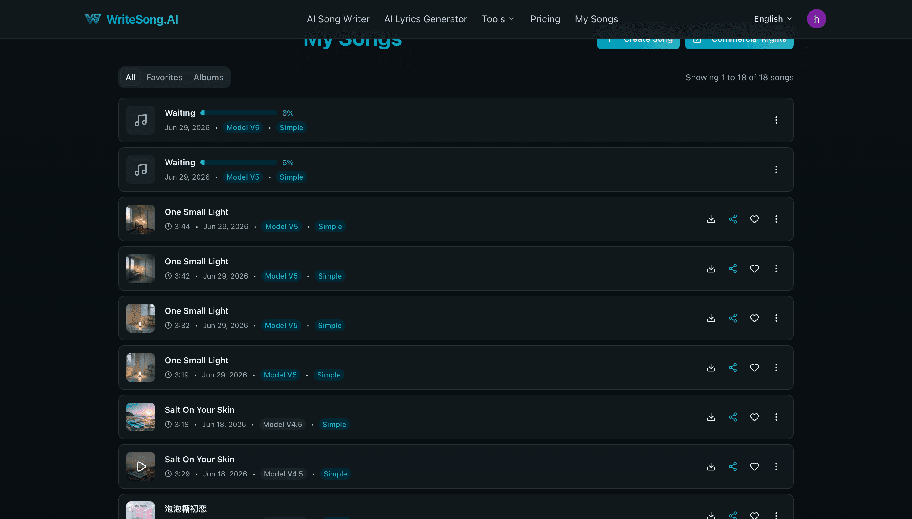 WriteSong.AI My Songs list showing the One Small Light generated candidates