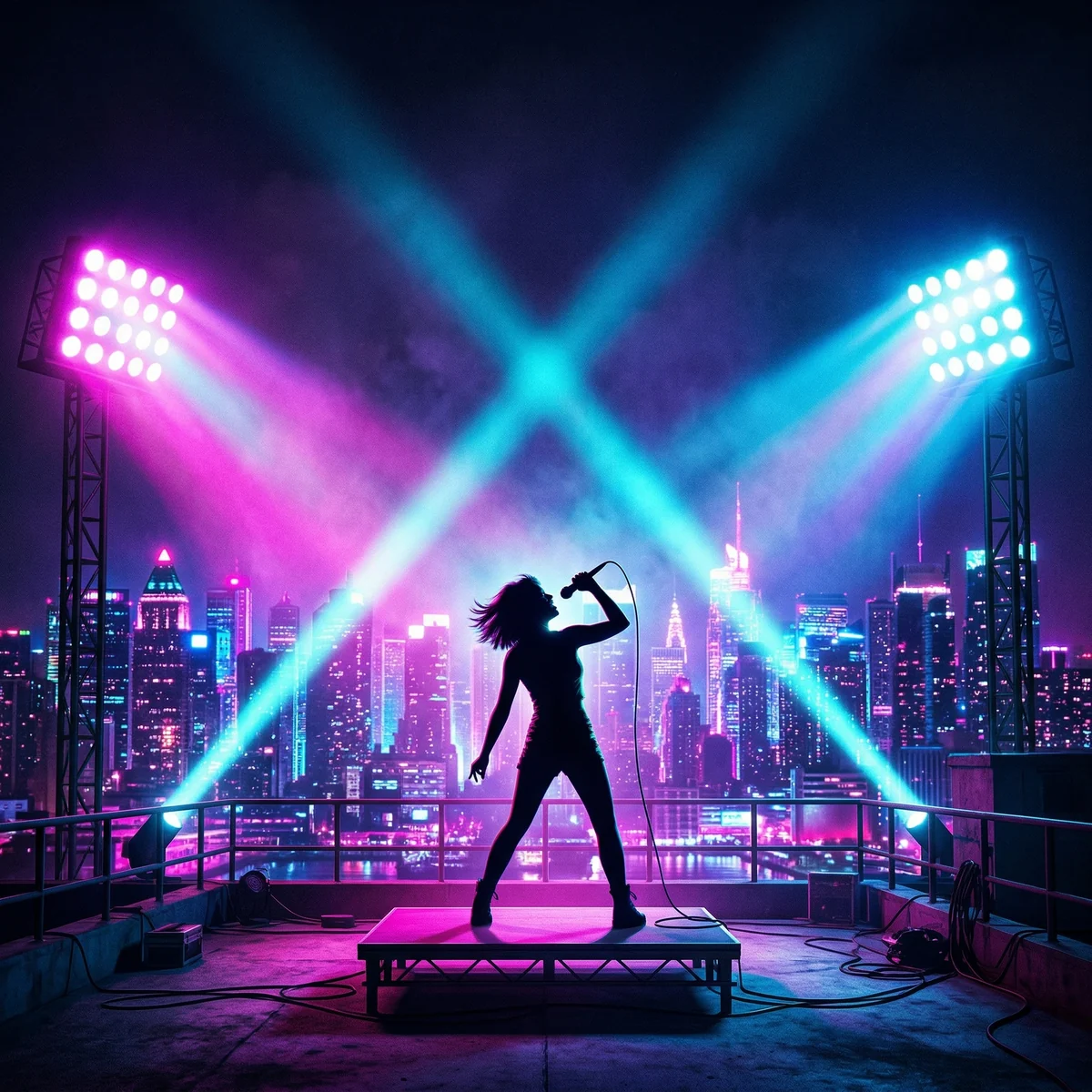 Neon skyline at midnight, huge stage lights, confident electro-pop anthem atmosphere