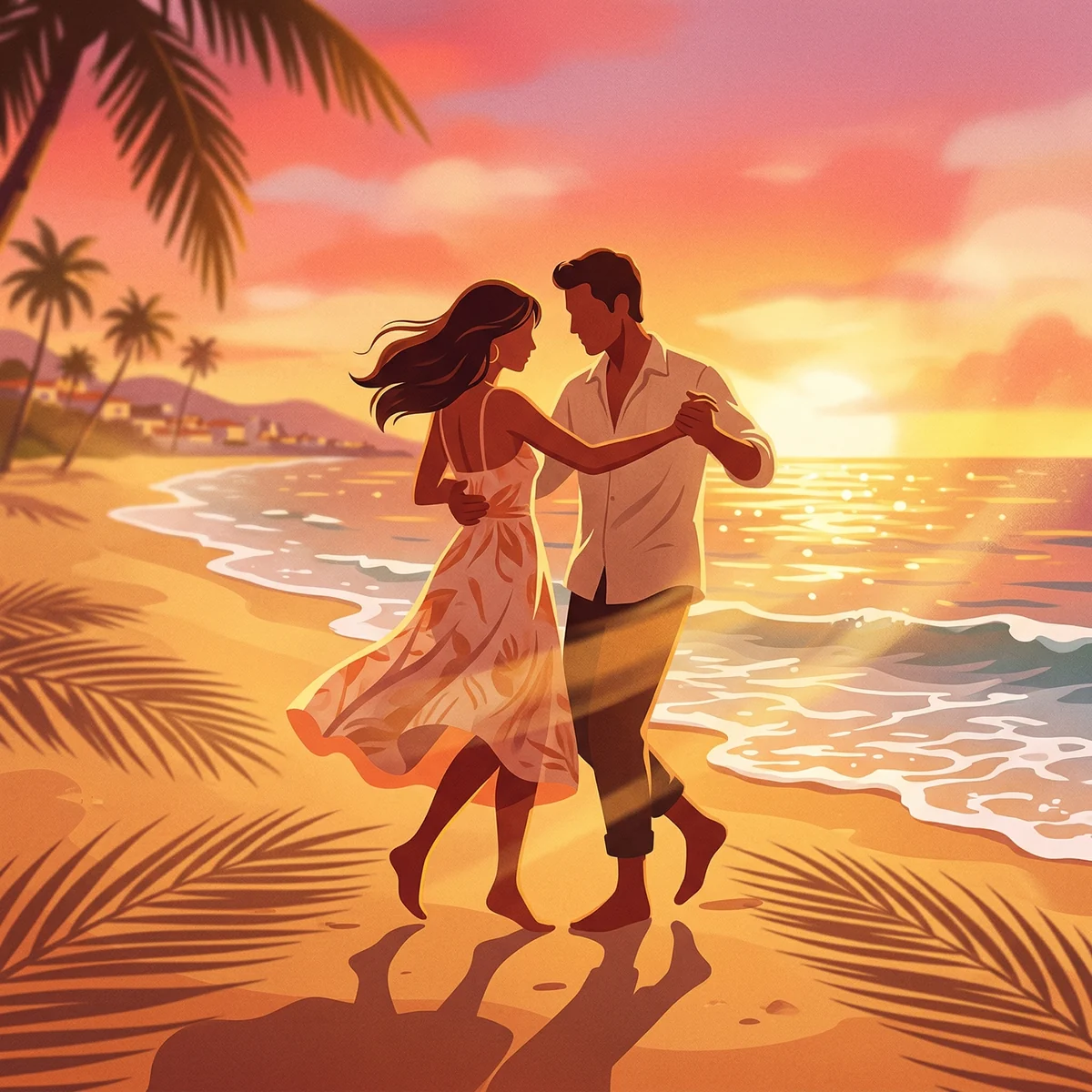 Warm Brazilian coast breeze, sunset glow, tender Latin pop romance mood