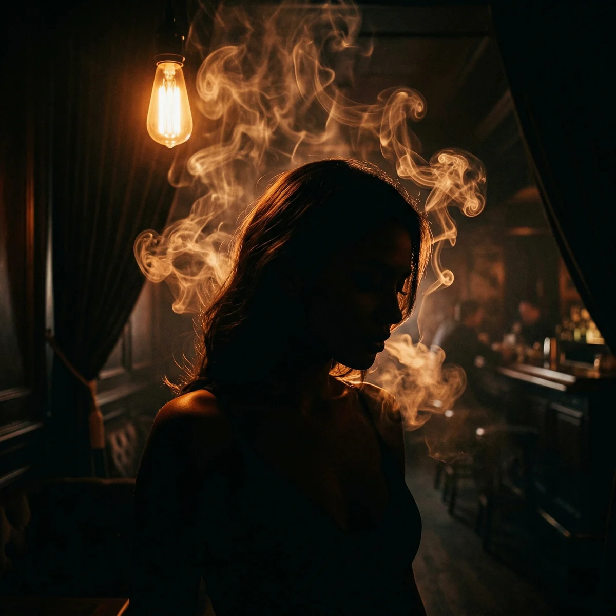 Low-key lounge scene, amber light and shadow, sensual slow-burn RnB atmosphere