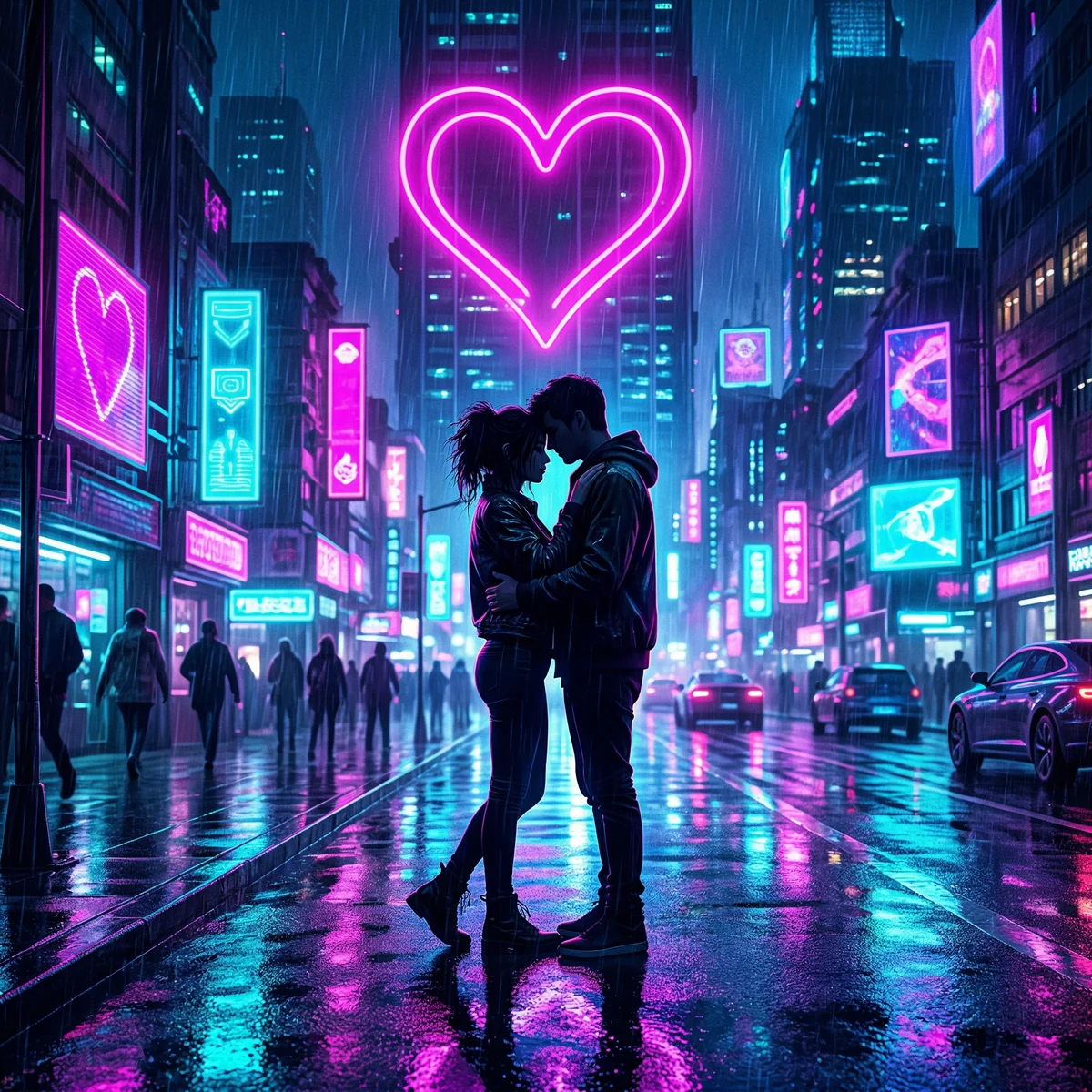 Magenta and cyan city lights, youthful lovers silhouette, glossy synth-pop club vibe