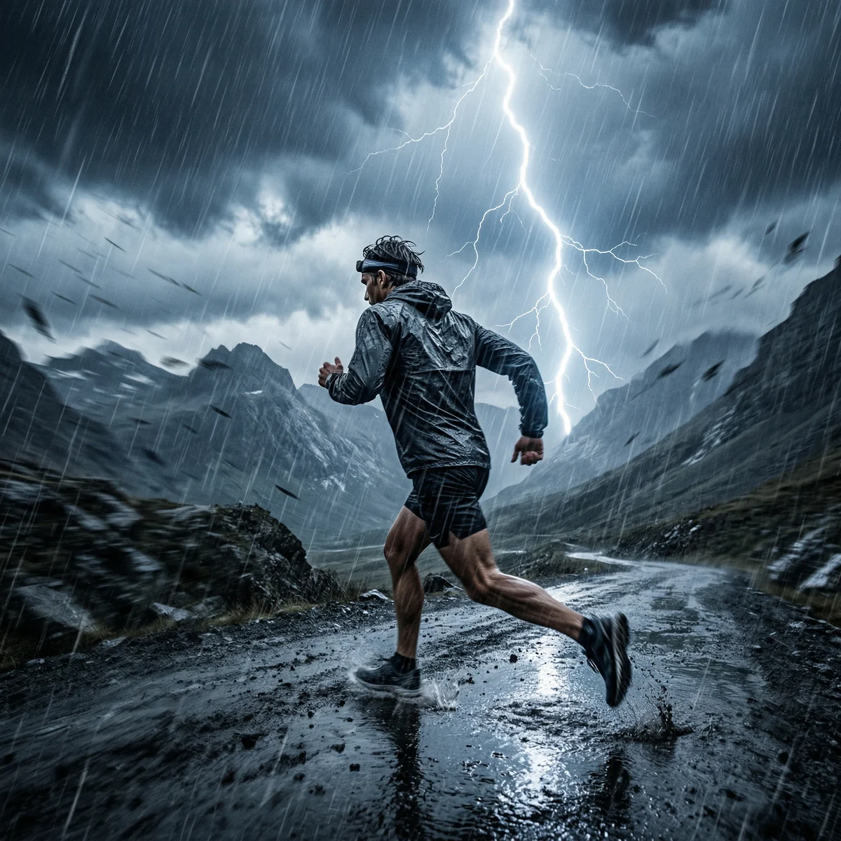 Heroic runner in heavy rain and lightning, dramatic cinematic rock momentum