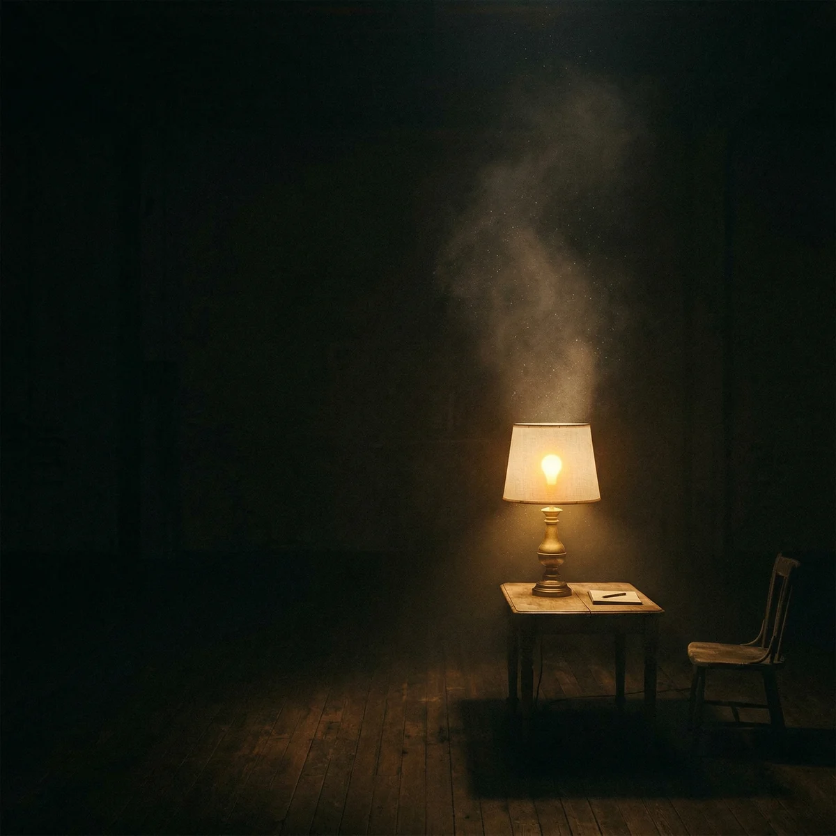 Single warm lamp in vast dark room, intimate acoustic indie mood, hopeful minimalism