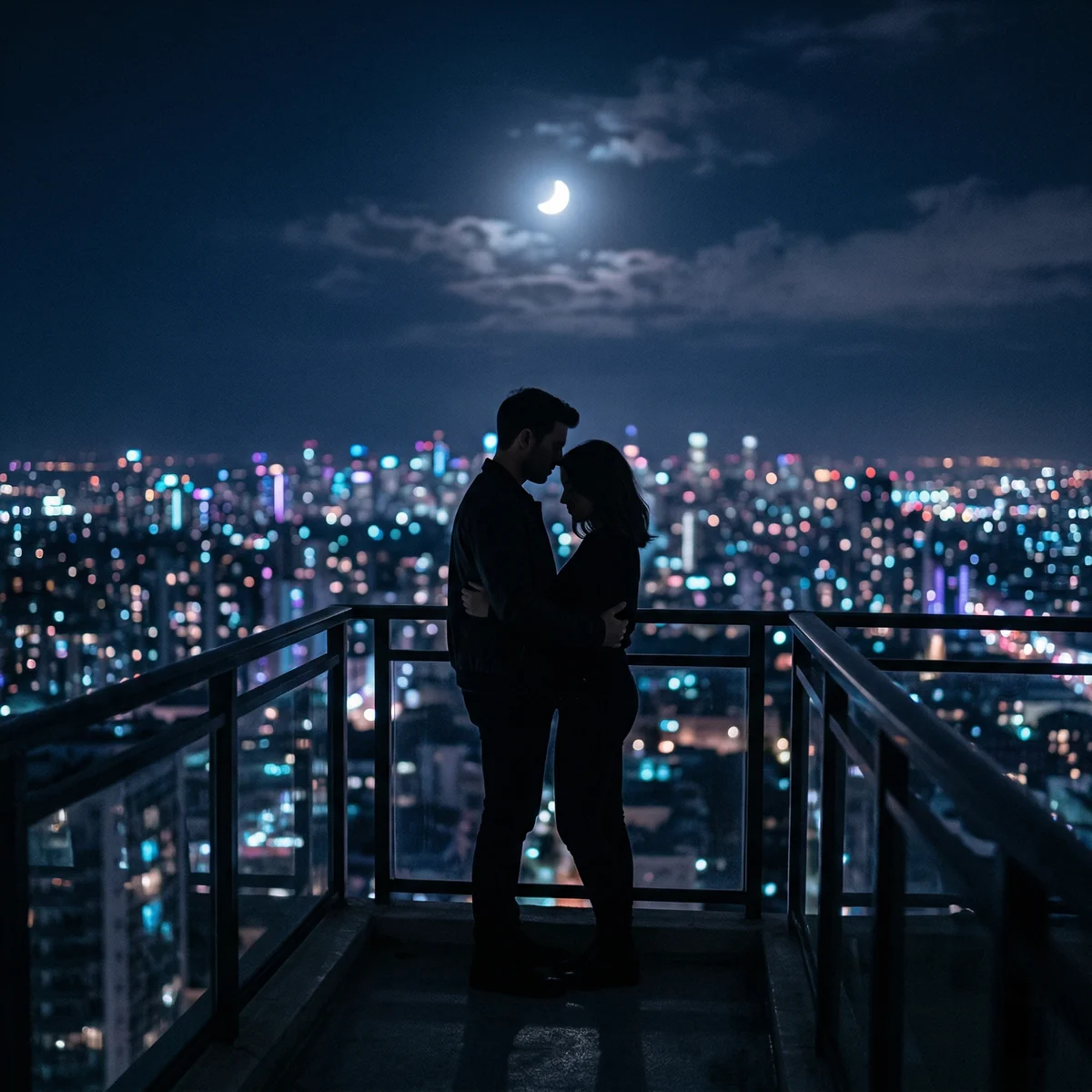 Midnight city balcony, quiet intimacy between two silhouettes, moonlit pop ballad atmosphere