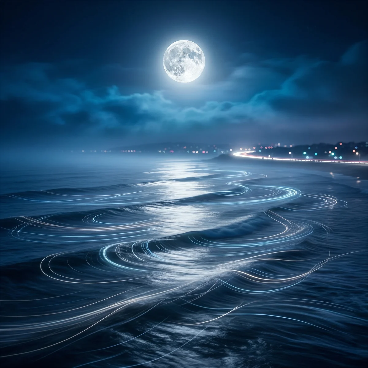Silver moon over moving ocean reflections, dreamy chill electronic night-drive mood